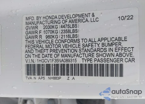 2022 Honda Accord Sport из США, поврежденный, VIN 1HGCV1F35NA089315